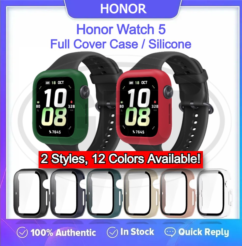 Honor Watch 5 Silicone and Full Cover Case with Tempered Glass Protector Screen - 2-in-1 TPU Cover
