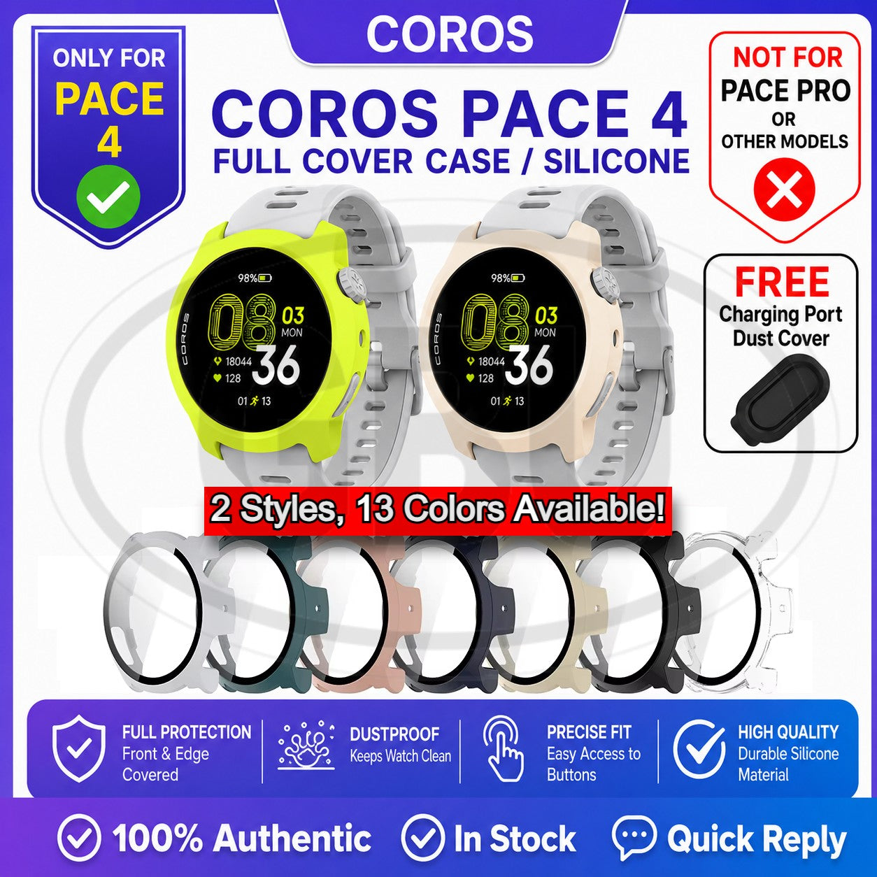 Coros Pace 4 Sarung Full Built-in Tempered Glass Cover / Sarung Half Silikon - No Screen  PERCUMA Anti-Dust Cover