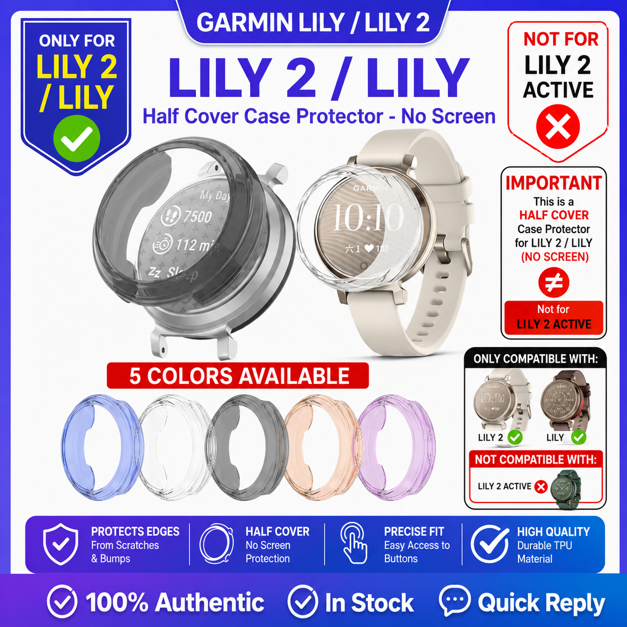 Garmin Lily / Lily 2 / Lily 2 Classic TPU Half Cover Protector Case - No Screen
