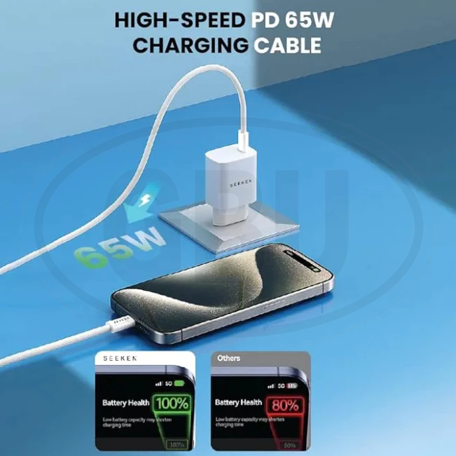Compatible with SEEKEN 65W Type C to C Charging Cable 1M Fast Charge Braided Anti Bending Premium Quality White