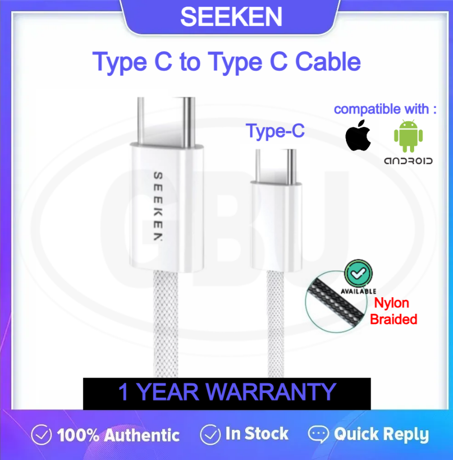 Compatible with SEEKEN 65W Type C to C Charging Cable 1M Fast Charge Braided Anti Bending Premium Quality White