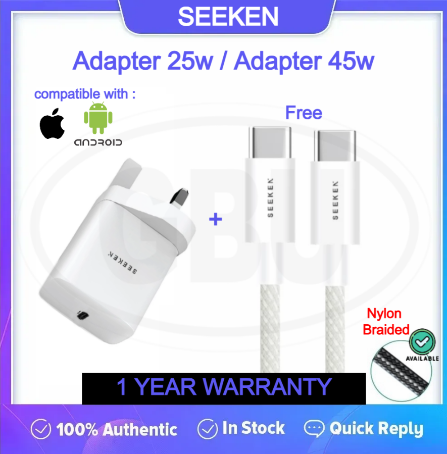 Compatible with SEEKEN Fast Charge Adapter 25W 45W UK Plug PD Compatible Charger  FREE Type-C to Type-C Cable (1M)