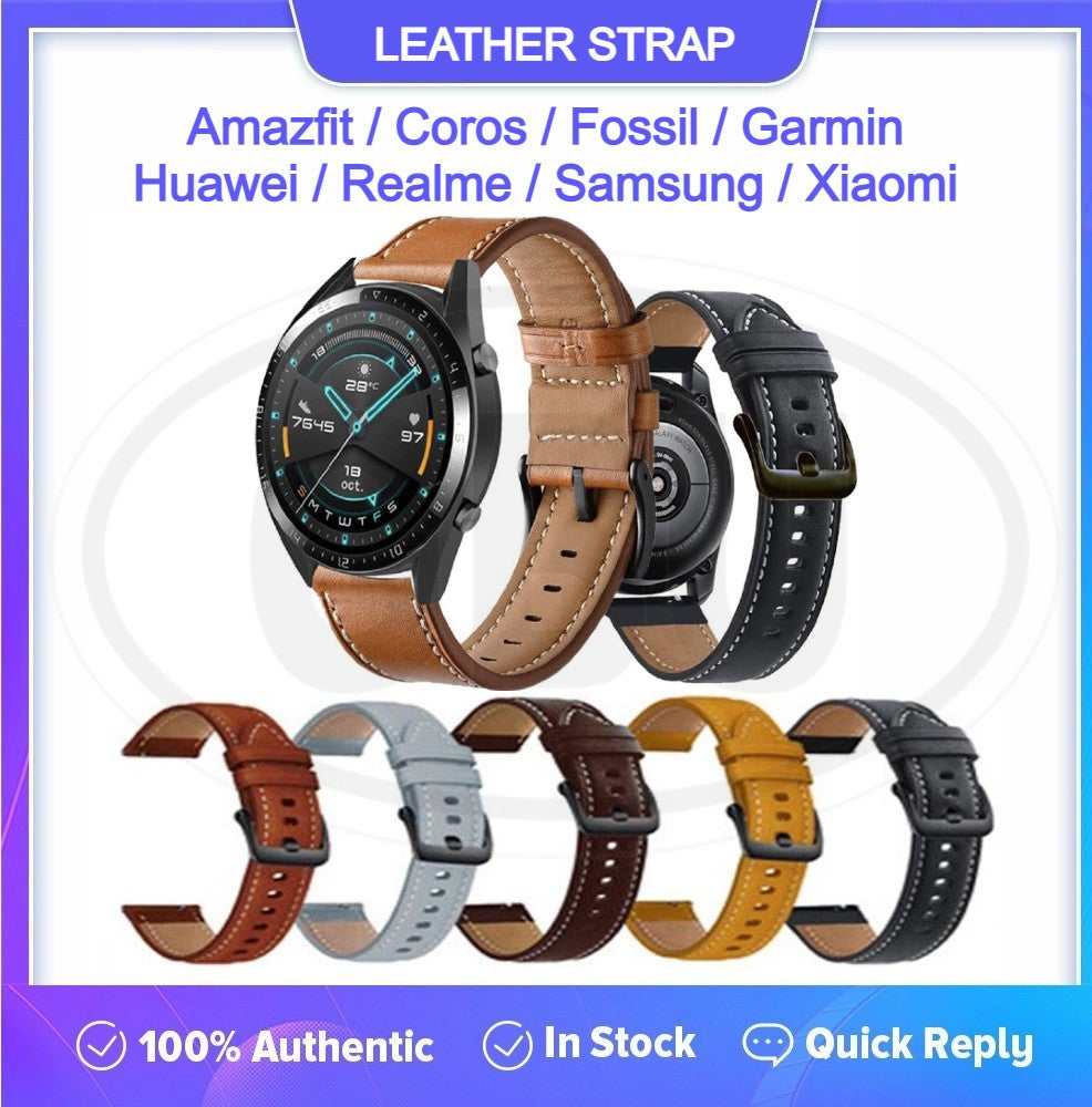 Genuine Leather Watch Band Strap for model Amazfit / Coros / Fossil / Garmin / Huawei / Realme / Samsung / Xiaomi / Mobvoi