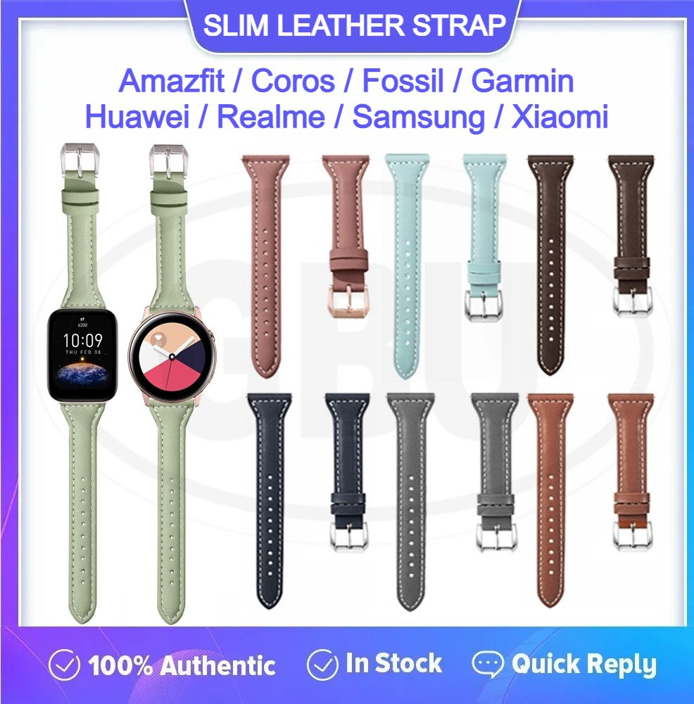 Genuine Slim Leather Watch Band Strap for model Amazfit / Coros / Fossil / Garmin / Huawei / Realme / Samsung / Xiaomi