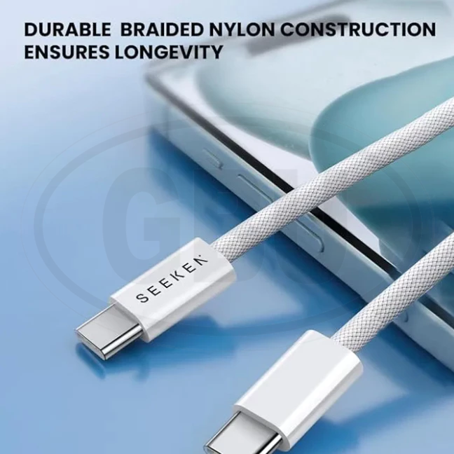 Compatible with SEEKEN 65W Type C to C Charging Cable 1M Fast Charge Braided Anti Bending Premium Quality White