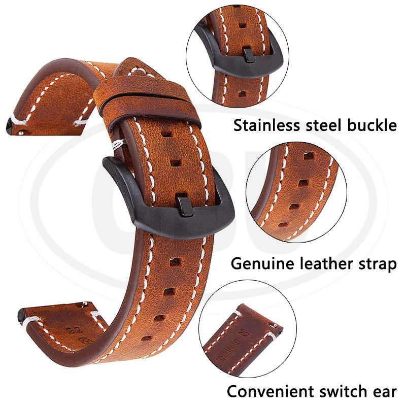 Genuine Leather Watch Band Strap for model Amazfit / Coros / Fossil / Garmin / Huawei / Realme / Samsung / Xiaomi / Mobvoi