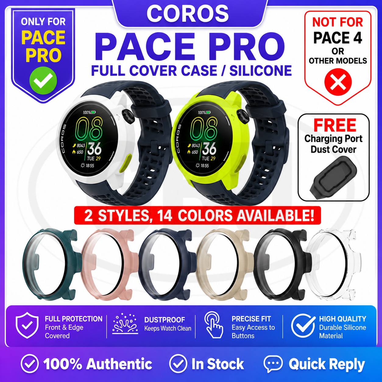 Coros Pace Pro Silicone and Full Cover Case with Tempered Glass Protector Screen - 2-in-1 TPU Cover